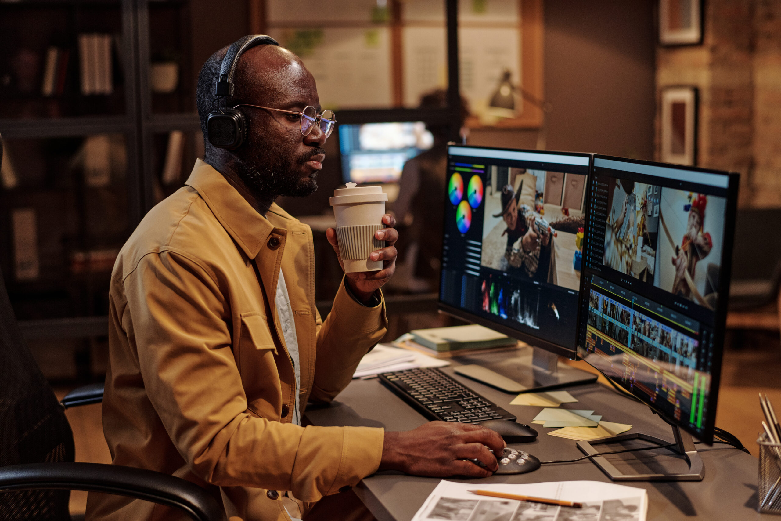 African american editor in headphones drinking coffee while working on editing software on computer till late evening at office